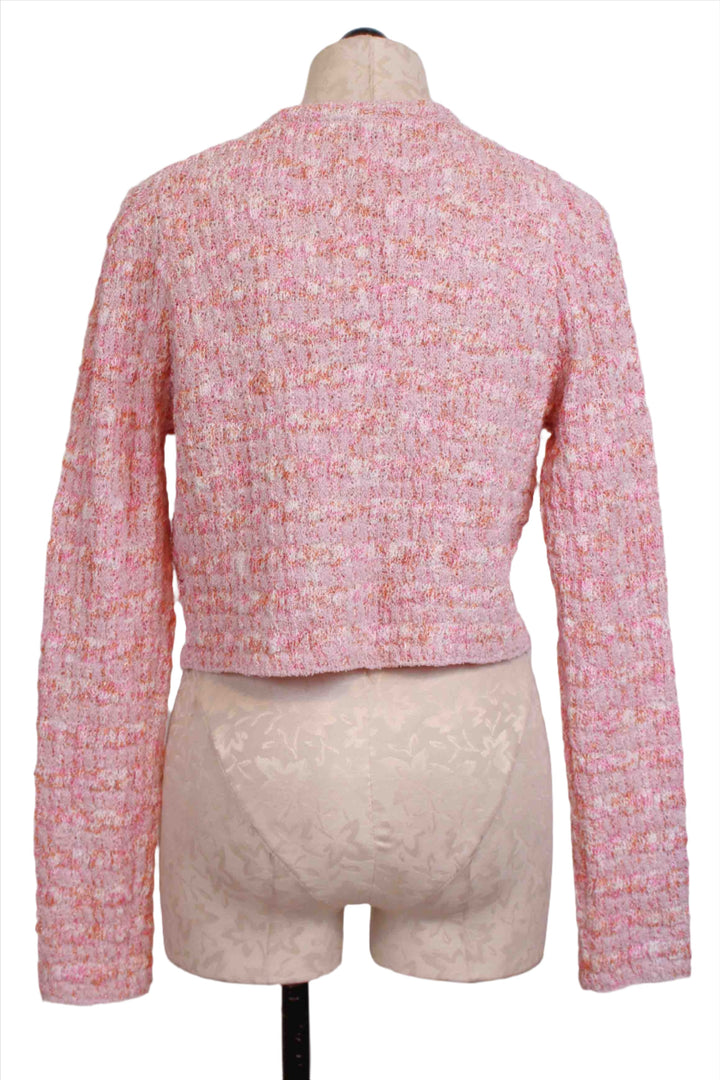 back view of Pink Textured Check Cropped Cardigan by Apricot