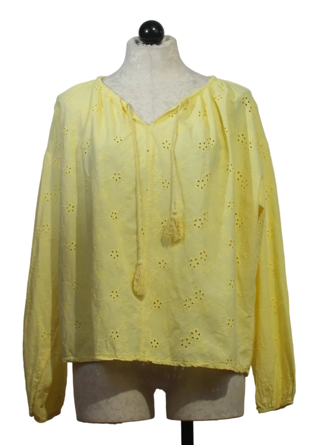 Yellow Long Sleeve Tie Neck Eyelet Top by Compli K 