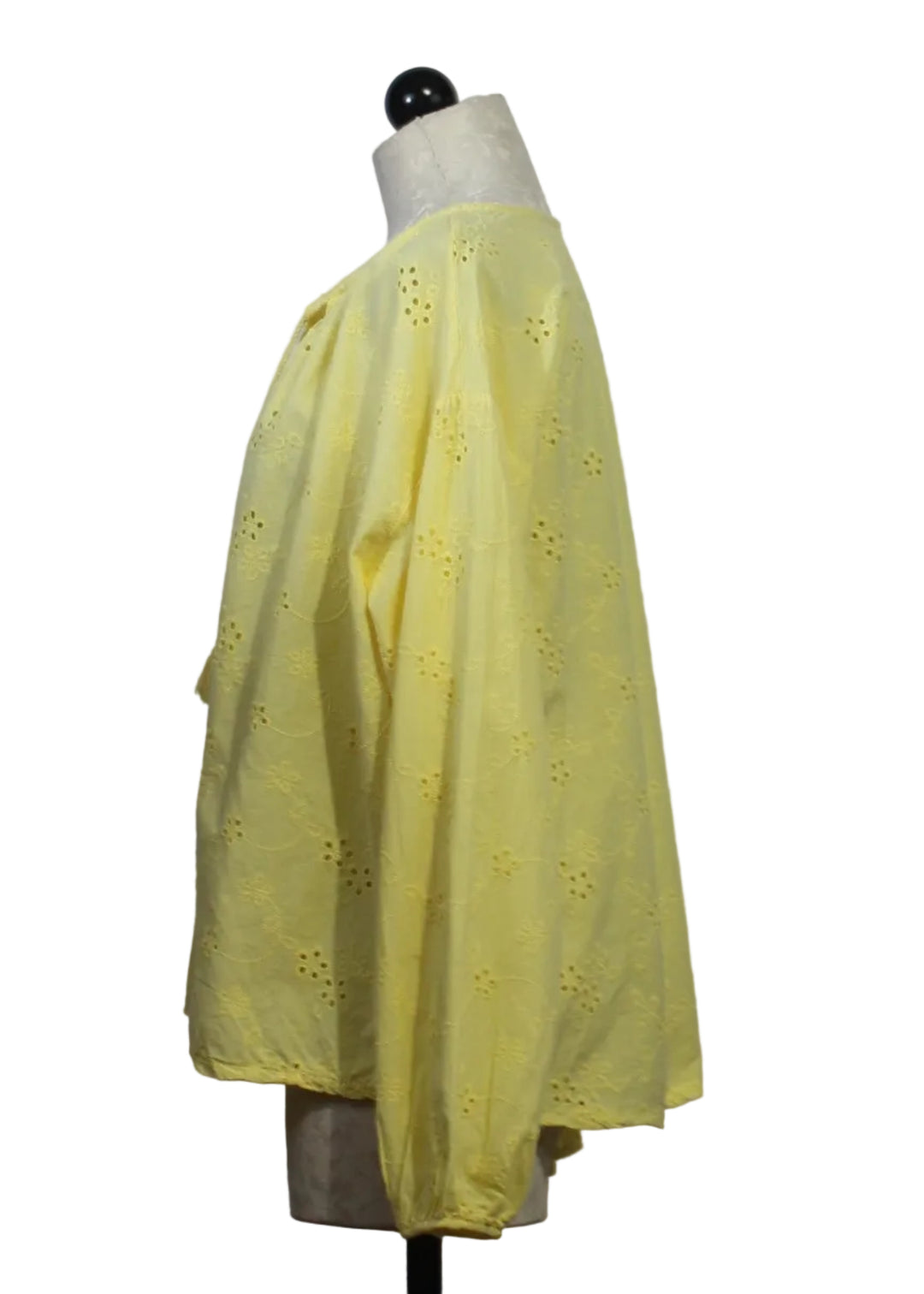 side view of  Long Sleeve Tie Neck Eyelet Top by Compli K 