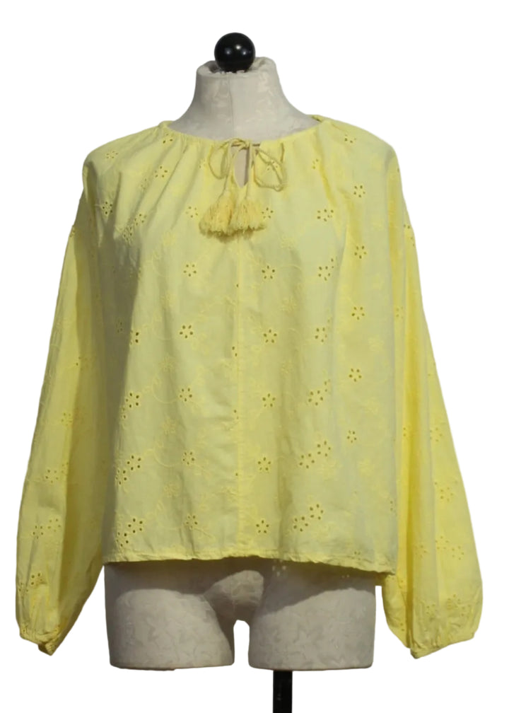 Yellow Long Sleeve Tie Neck Eyelet Top by Compli K