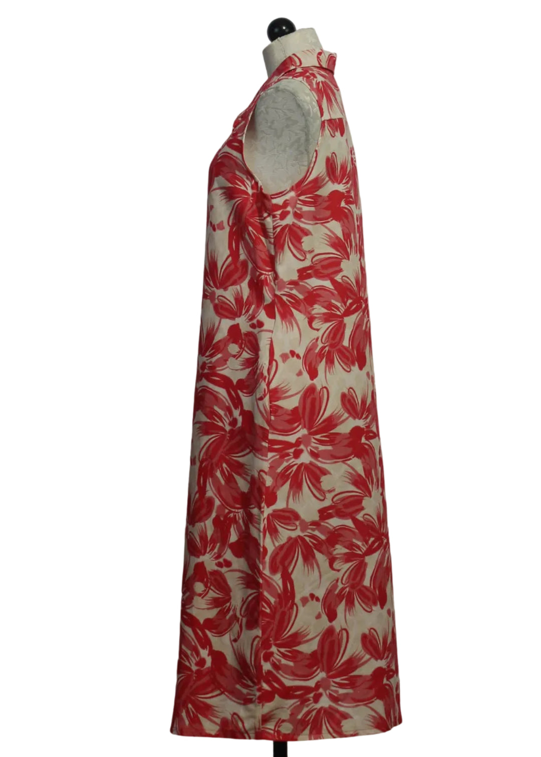 side view of  Red and Cream Floral Sleeveless Button-Down Dress by Compli K 