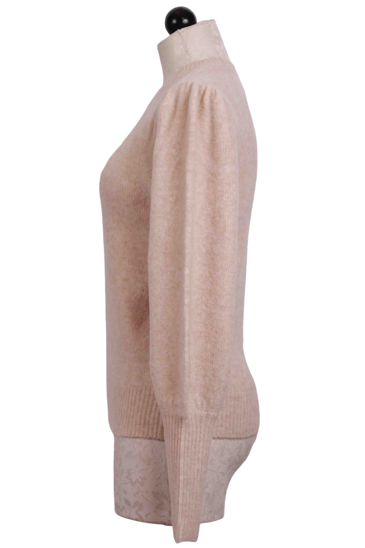 side view of Oat Colored Shirred Sleeve Sweater by Fifteen Twenty