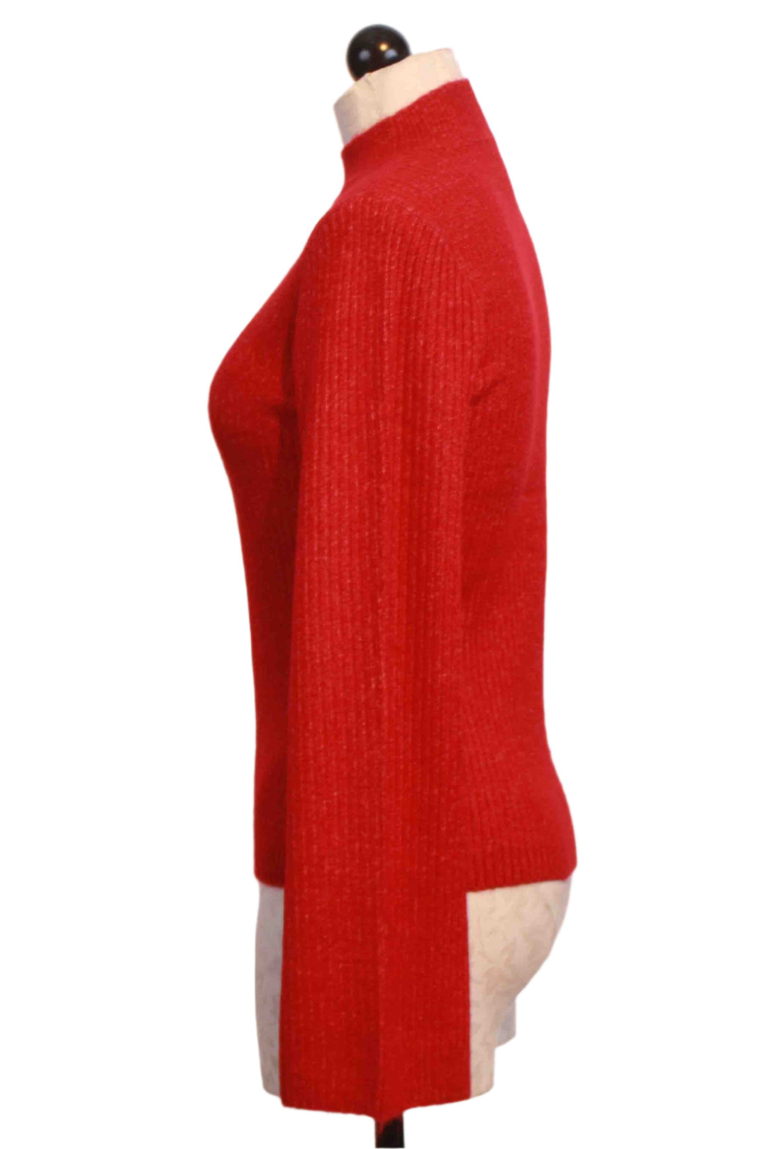 side view of Red Ribbed Brielle Flare Sleeve Sweater by Fifteen Twenty