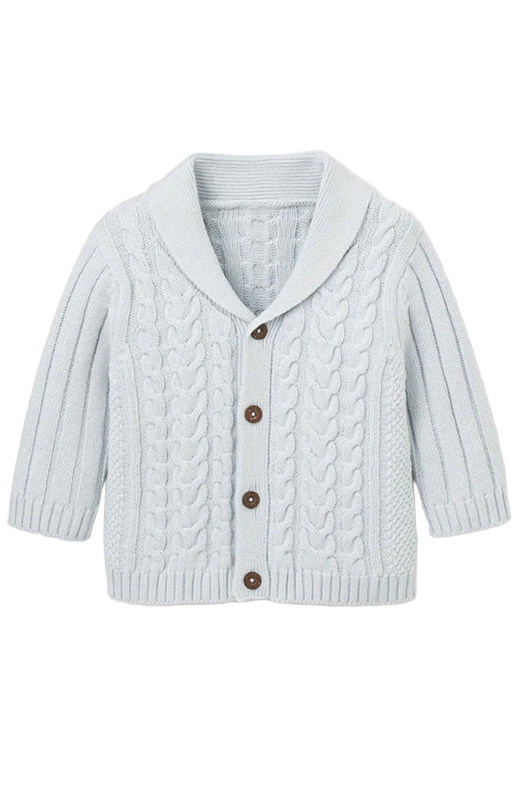 Pale Blue V-Neck Horseshoe Cable Cardigan by Elegant Baby with wooden button closures