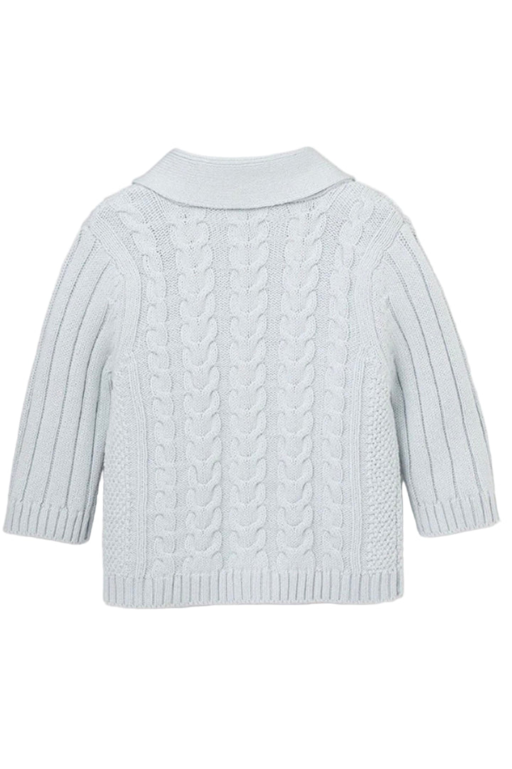 back view of Pale Blue V-Neck Horseshoe Cable Cardigan by Elegant Baby with wooden button closures