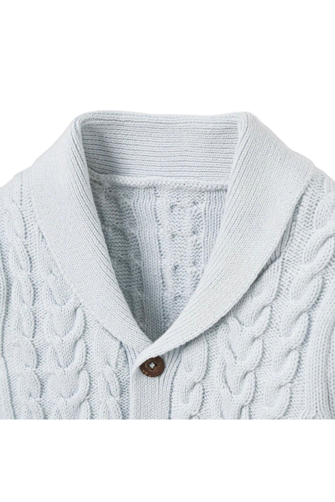 close up detail of Pale Blue V-Neck Horseshoe Cable Cardigan by Elegant Baby with wooden button closures