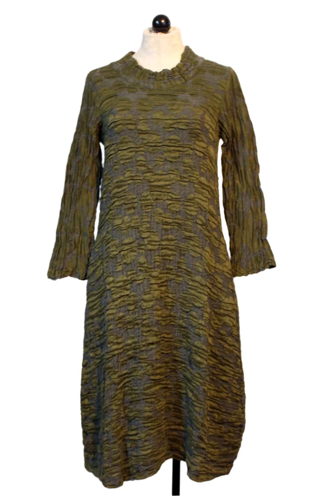Textured Olive Green colored Crinkled Silk and Linen Dress by Grizas