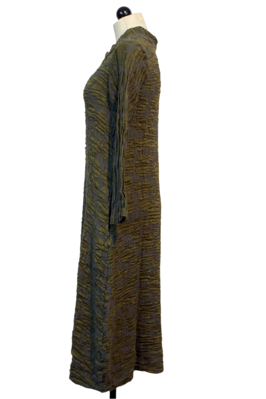 side view of Textured Olive Green colored Crinkled Silk and Linen Dress by Grizas