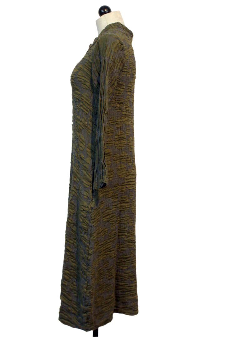 side view of Textured Olive Green colored Crinkled Silk and Linen Dress by Grizas