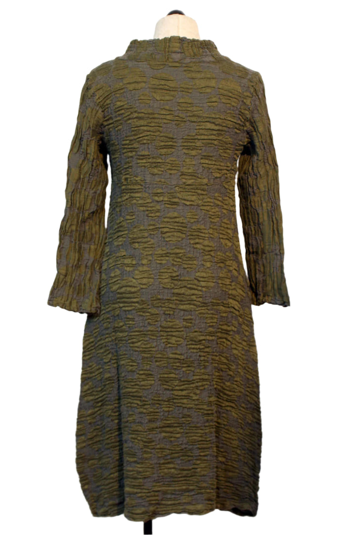 back view of Textured Olive Green colored Crinkled Silk and Linen Dress by Grizas