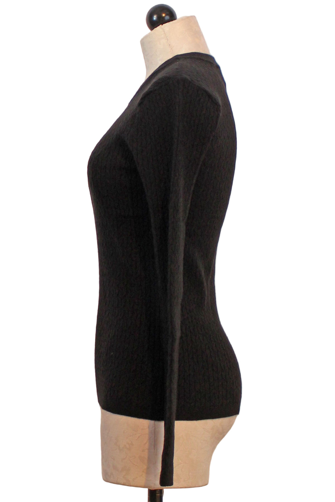 side view of Black Classic Long Sleeve Crewneck Basics Cable Knit Sweater by Claire Desjardins