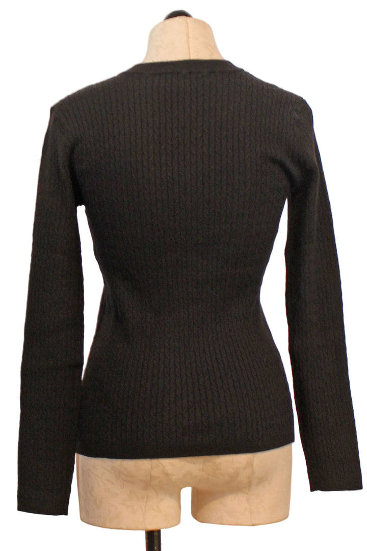 back view of Black Classic Long Sleeve Crewneck Basics Cable Knit Sweater by Claire Desjardins