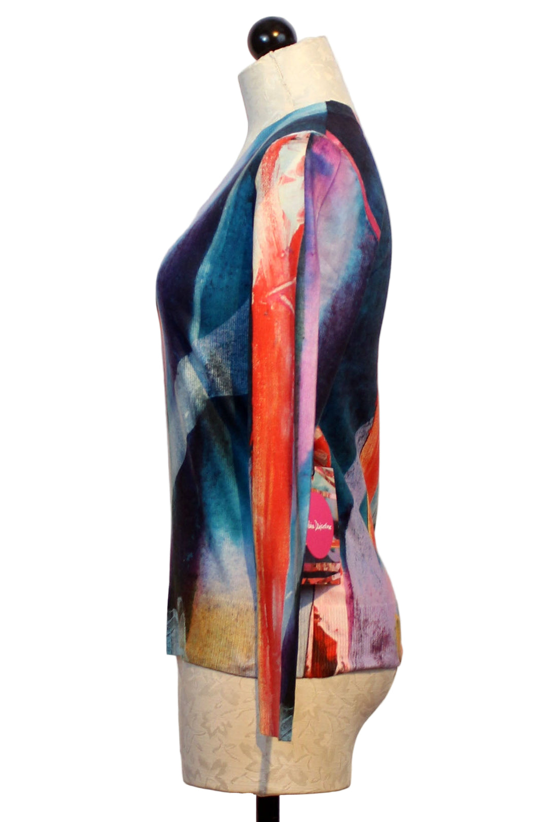 side view of Multicolored Crossings On Crossings Print Crewneck Sweater by Claire Desjardins