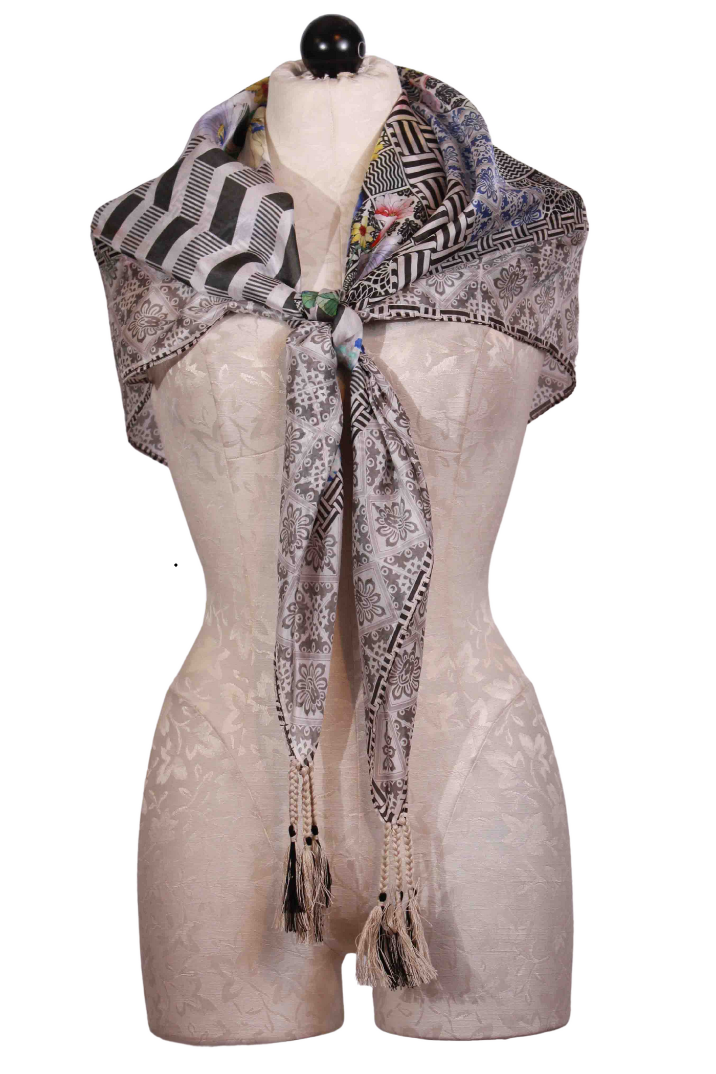 Geometric and Floral Silk Madrigal Scarf by Johnny Was tie around mannequin