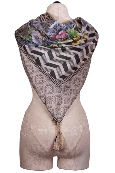 back view of Geometric and Floral Silk Madrigal Scarf by Johnny Was tie around mannequin