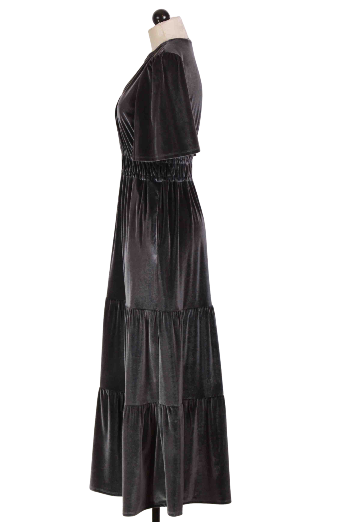 side view of Deep Slate Louise Velvet Midi Dress by Spartina