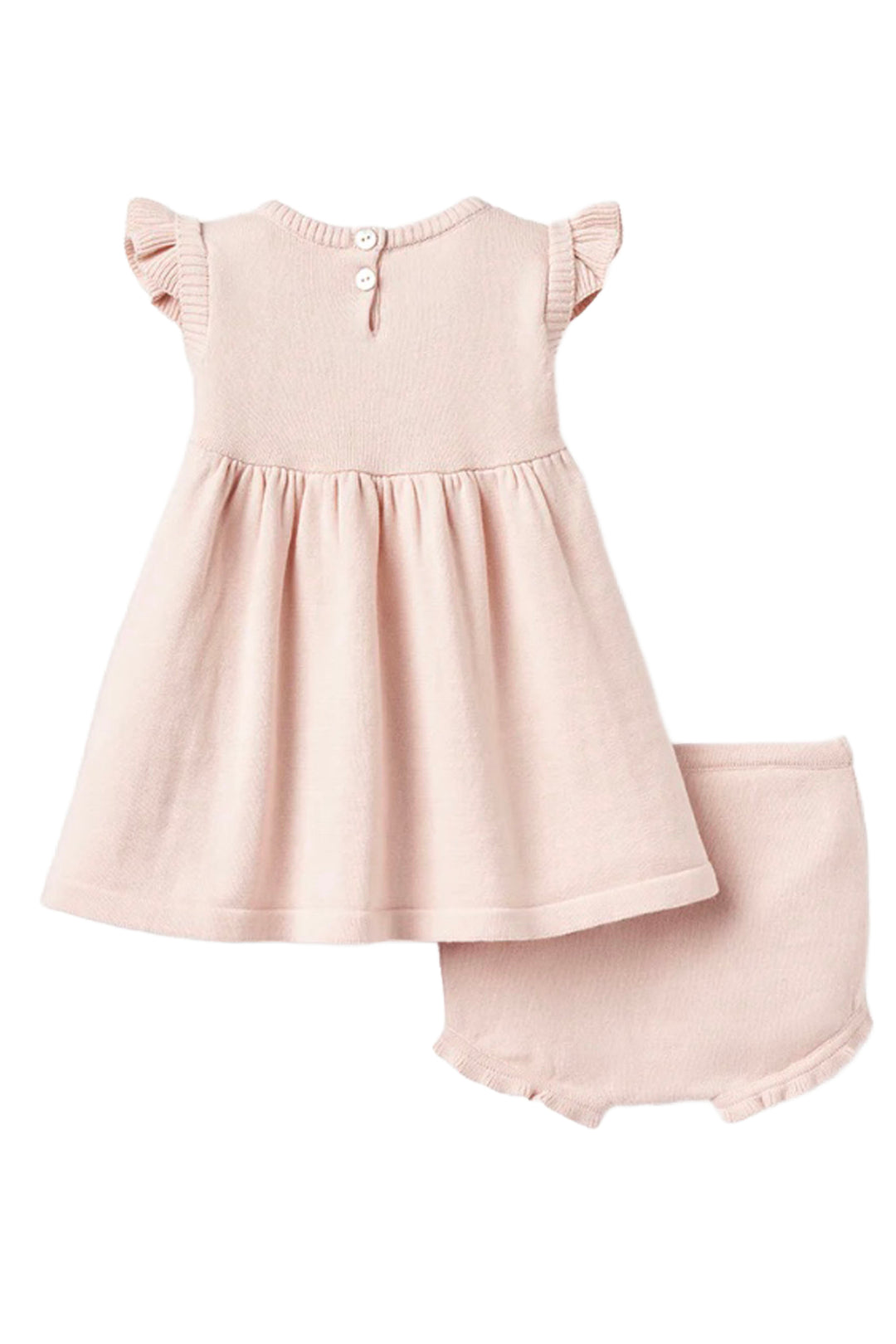 back view of Blush Pink Garden Picnic Bunny Knit Dress by Elegant Baby 