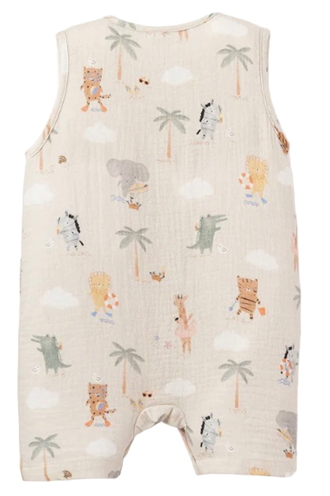 back view of Wheat colored Seaside Safari Sleeveless Shortall by Elegant Baby