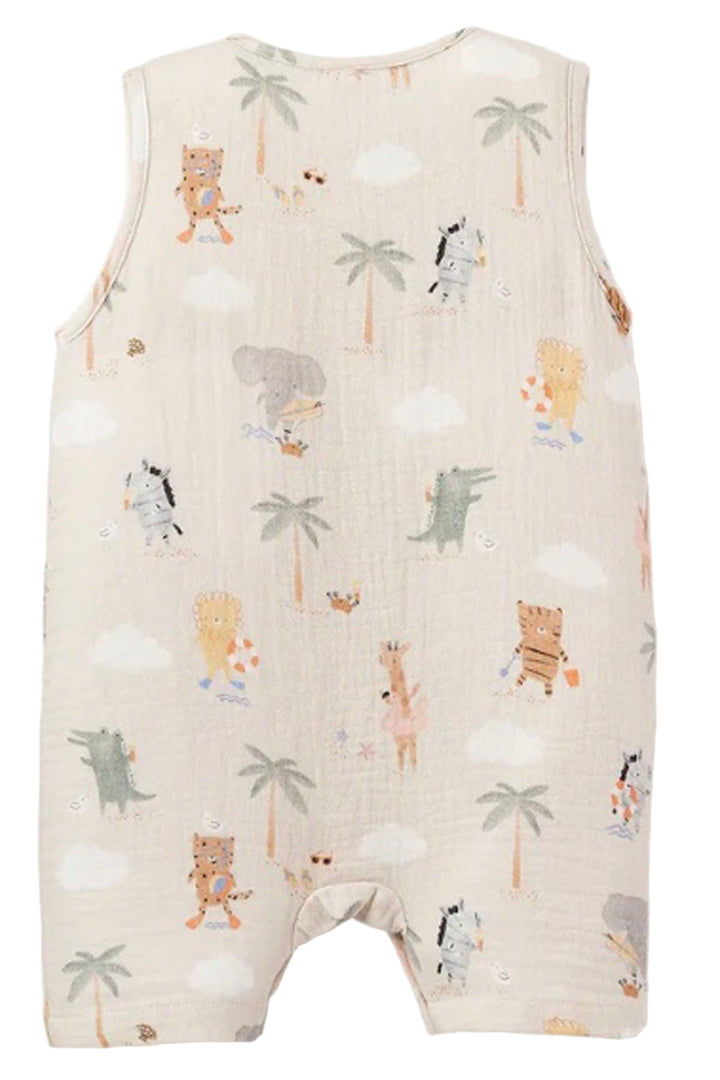 back view of Wheat colored Seaside Safari Sleeveless Shortall by Elegant Baby