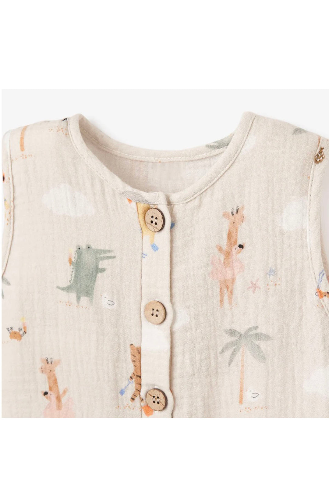 closeup of Coconut Buttons on the Wheat colored Seaside Safari Sleeveless Shortall by Elegant Baby