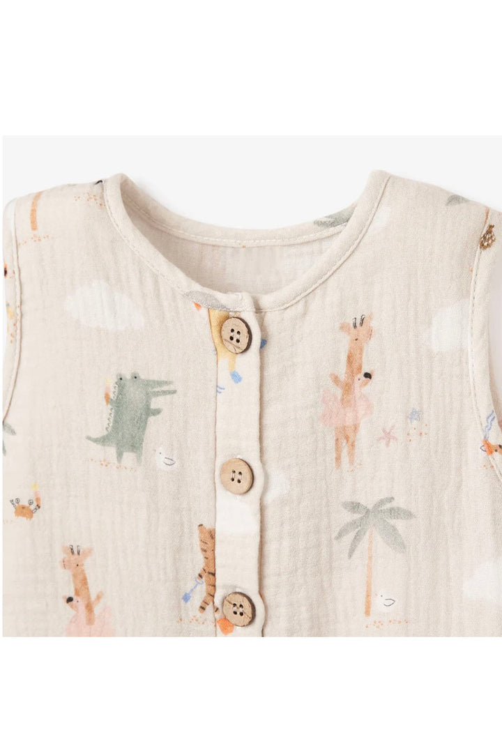 closeup of Coconut Buttons on the Wheat colored Seaside Safari Sleeveless Shortall by Elegant Baby