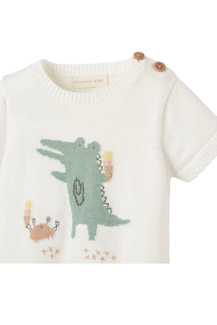 close up of the Alligator Knit Top of the set with the Organic Muslin Shorts by Elegant Baby