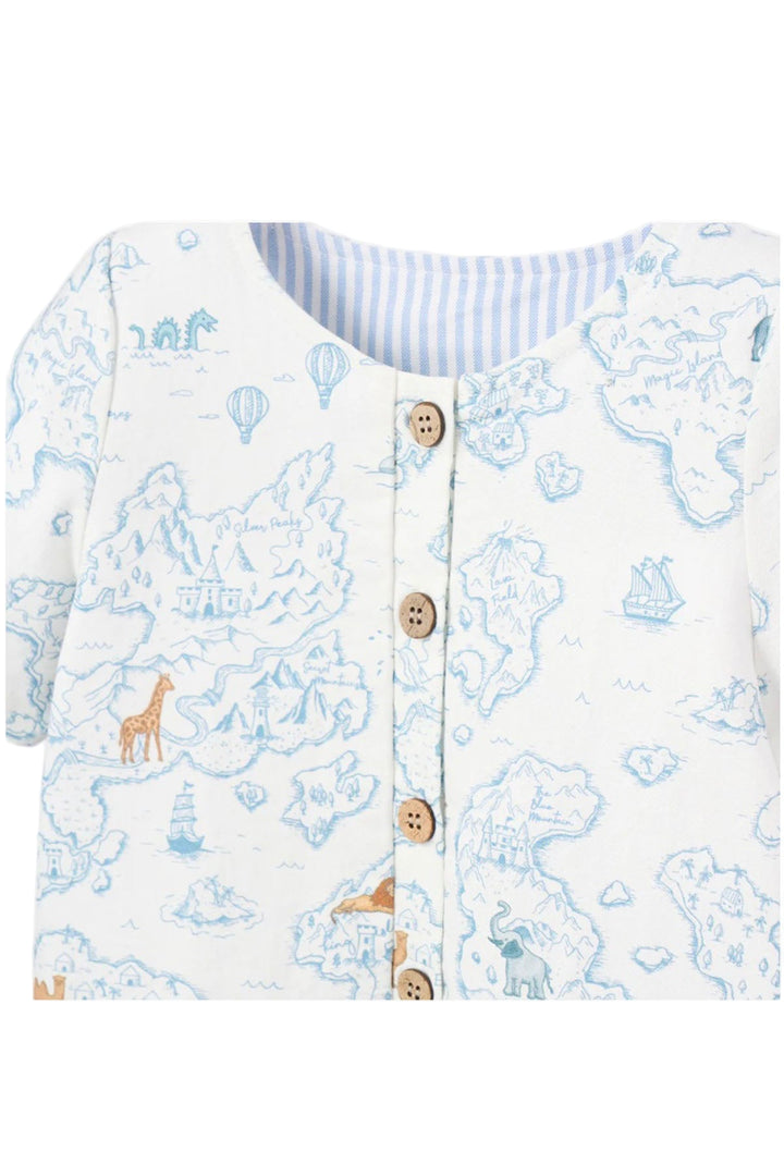 close up detail on Blue Map Print Shortall by Elegant Baby