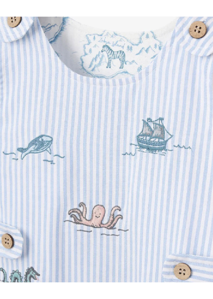Close up view of Oxford Stripe Sea Jon Jon Tank Jumpsuit by Elegant Baby