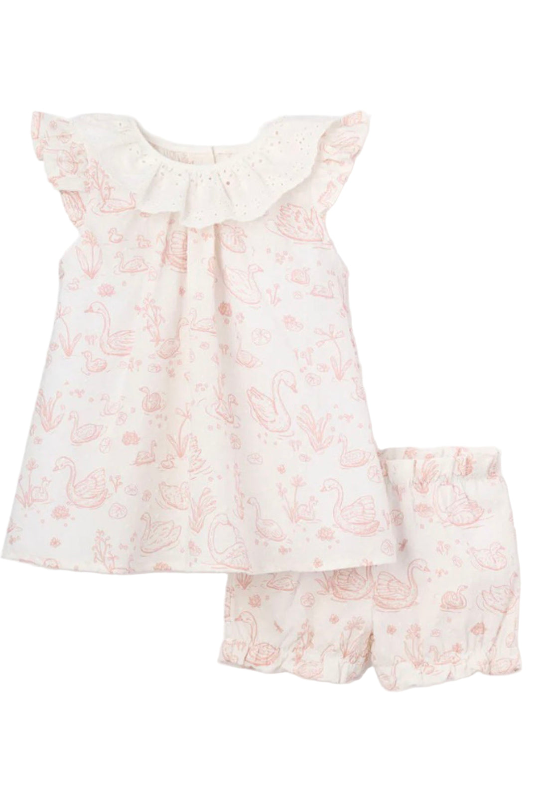 Pink Rose Swan Toile Swiss Dot Dress and Bloomer by Elegant Baby