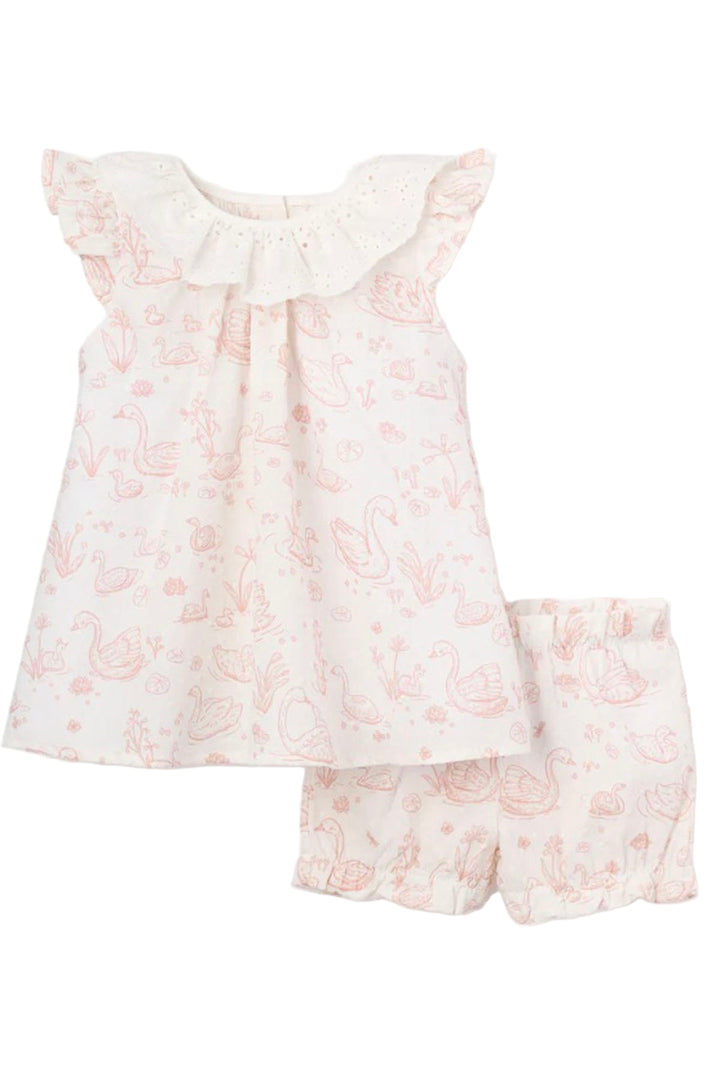 Pink Rose Swan Toile Swiss Dot Dress and Bloomer by Elegant Baby