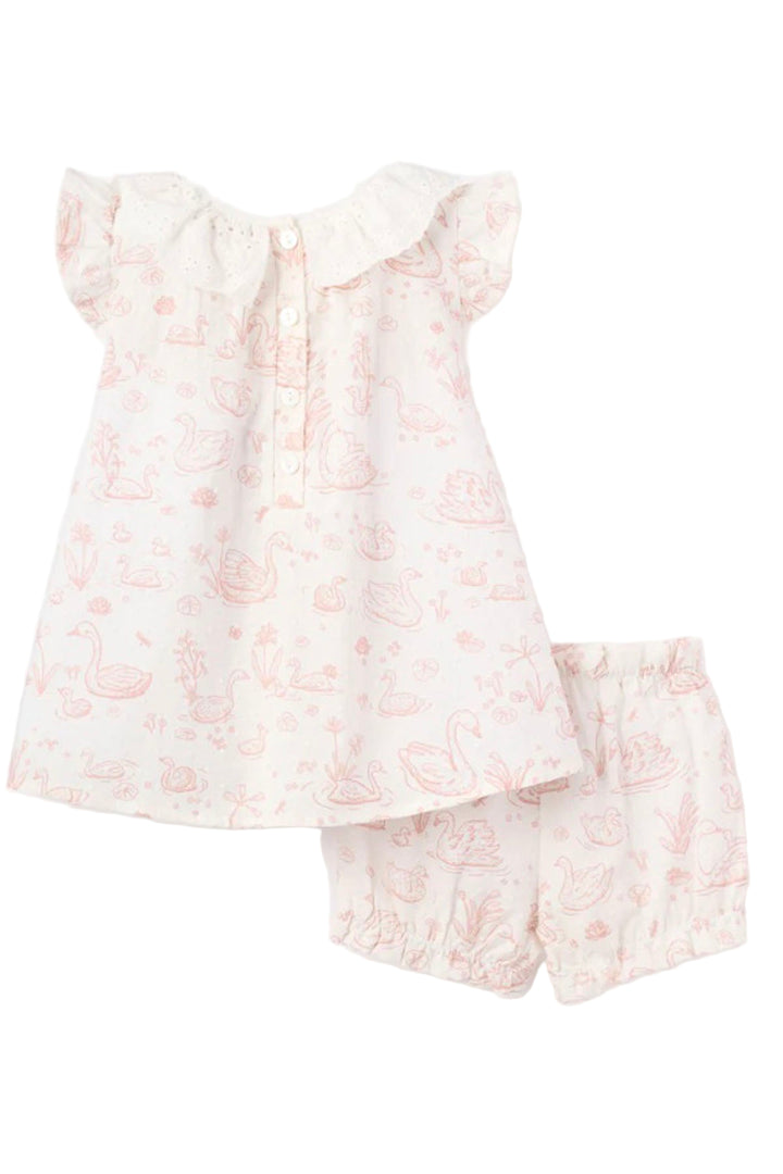 back view of Pink Rose Swan Toile Swiss Dot Dress and Bloomer by Elegant Baby