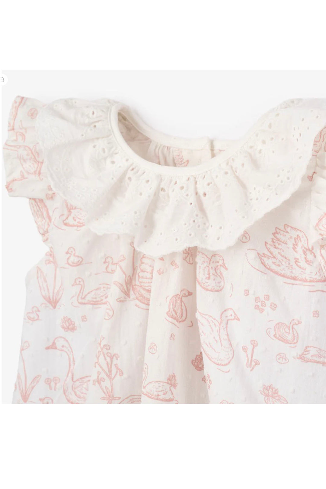 close up of detail on Pink Rose Swan Toile Swiss Dot Dress and Bloomer by Elegant Baby