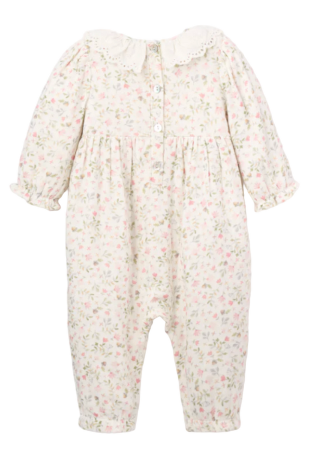 back view of Fairytale Floral Organic Muslin Jumpsuit with Eyelet by Elegant Baby
