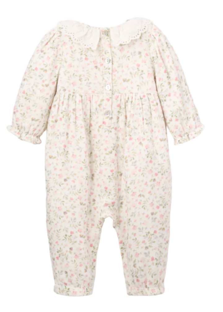 back view of Fairytale Floral Organic Muslin Jumpsuit with Eyelet by Elegant Baby