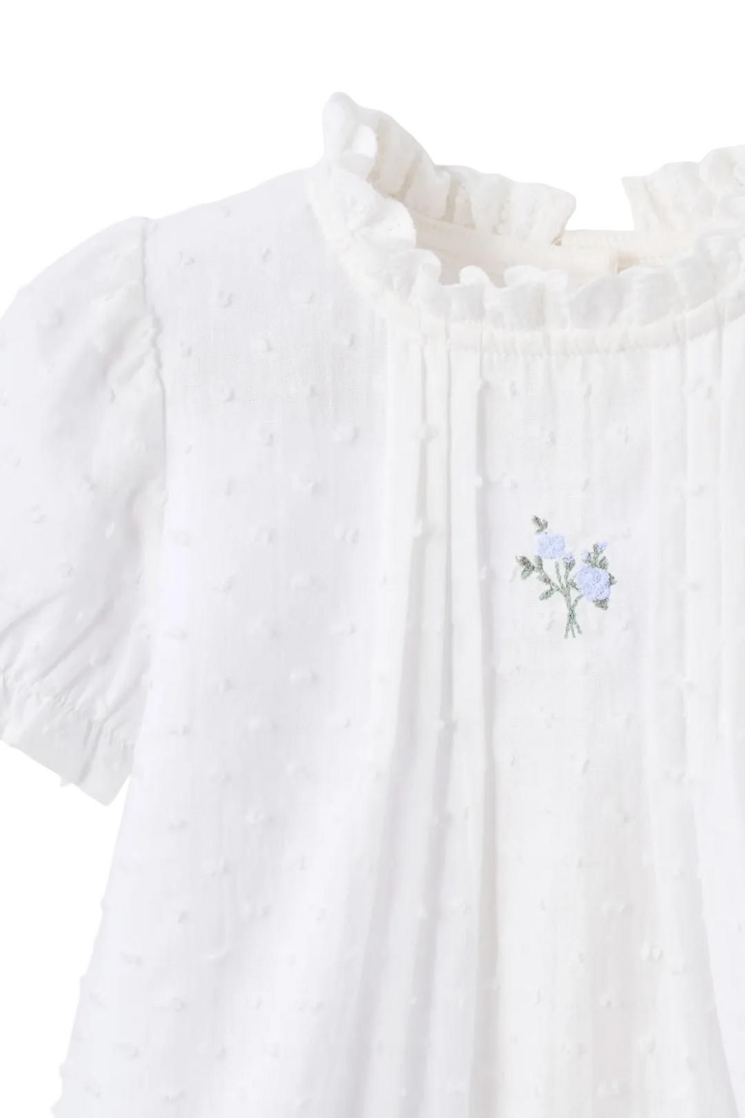 close up view of Blue Rose Embroidered Swiss Dot Tucking Bubble by Elegant Baby i