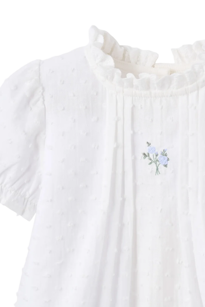 close up view of Blue Rose Embroidered Swiss Dot Tucking Bubble by Elegant Baby i