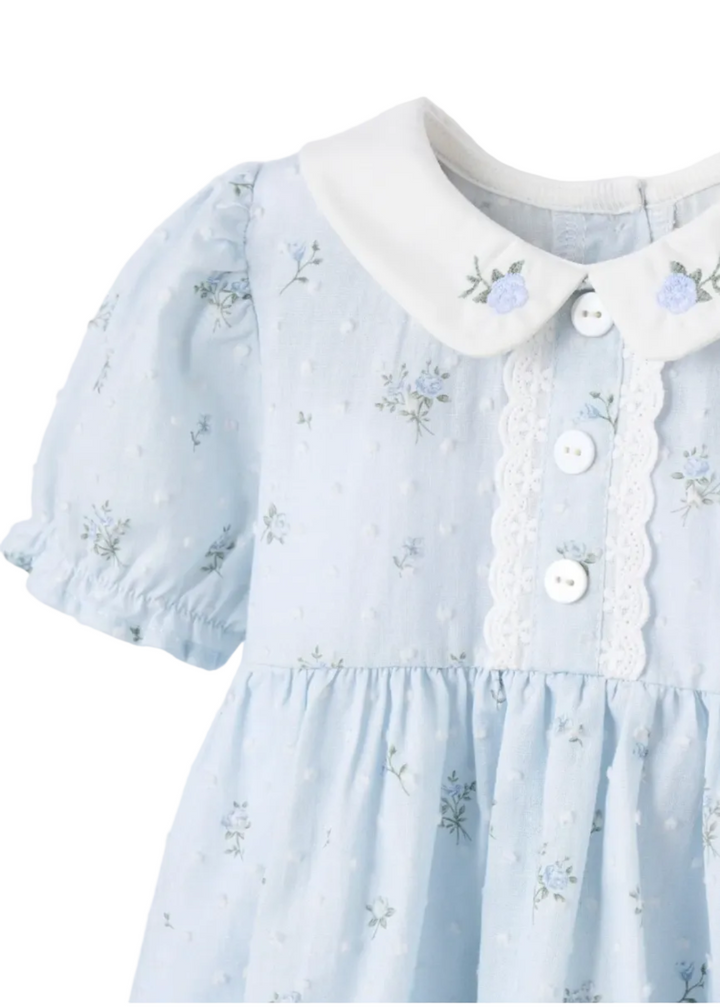 closeup view of  Blue English Rose Pintucked Dress by Elegant Baby 