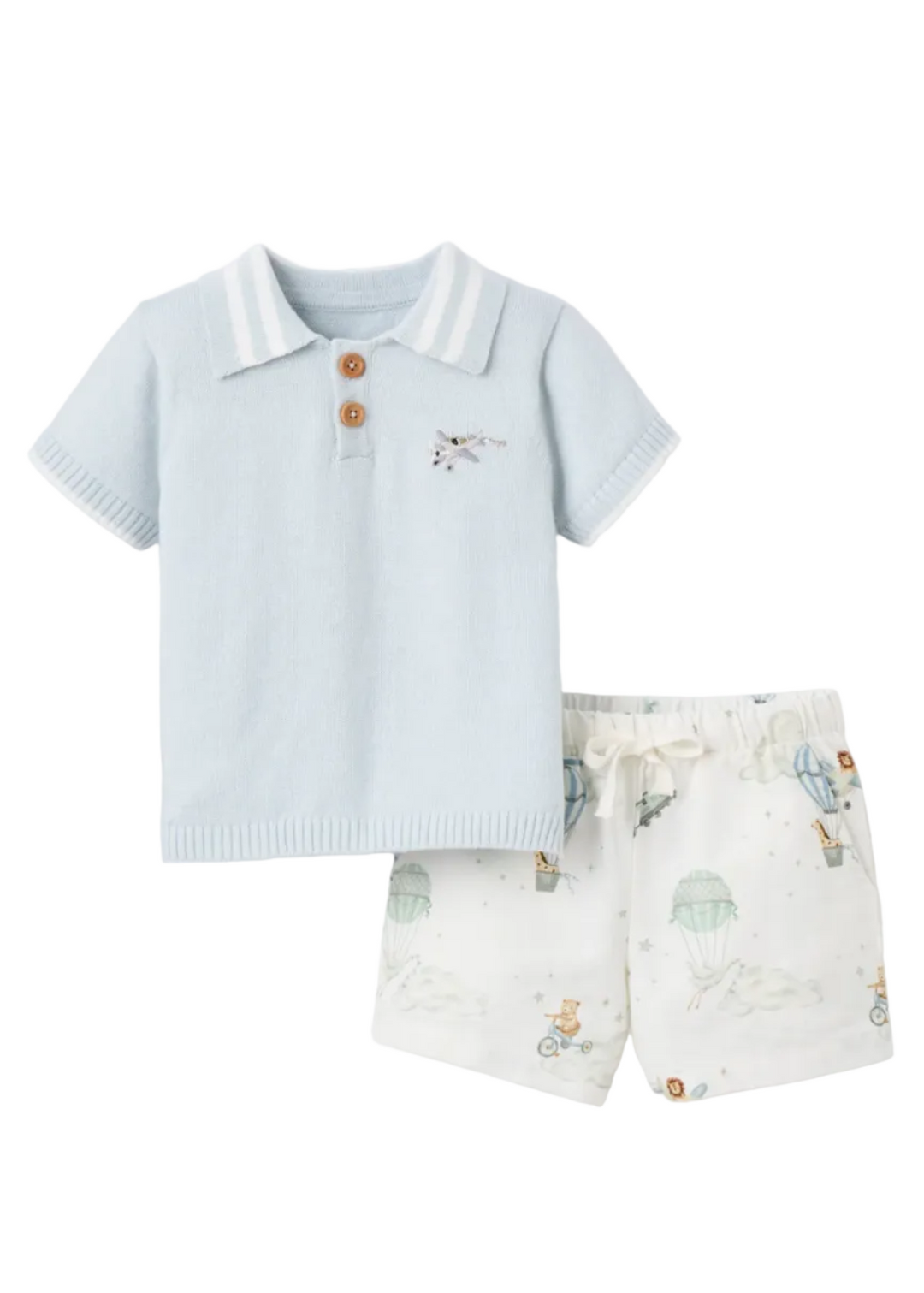Blue Up and Away Knit Polo Shirt and Printed Shorts by Elegant Baby