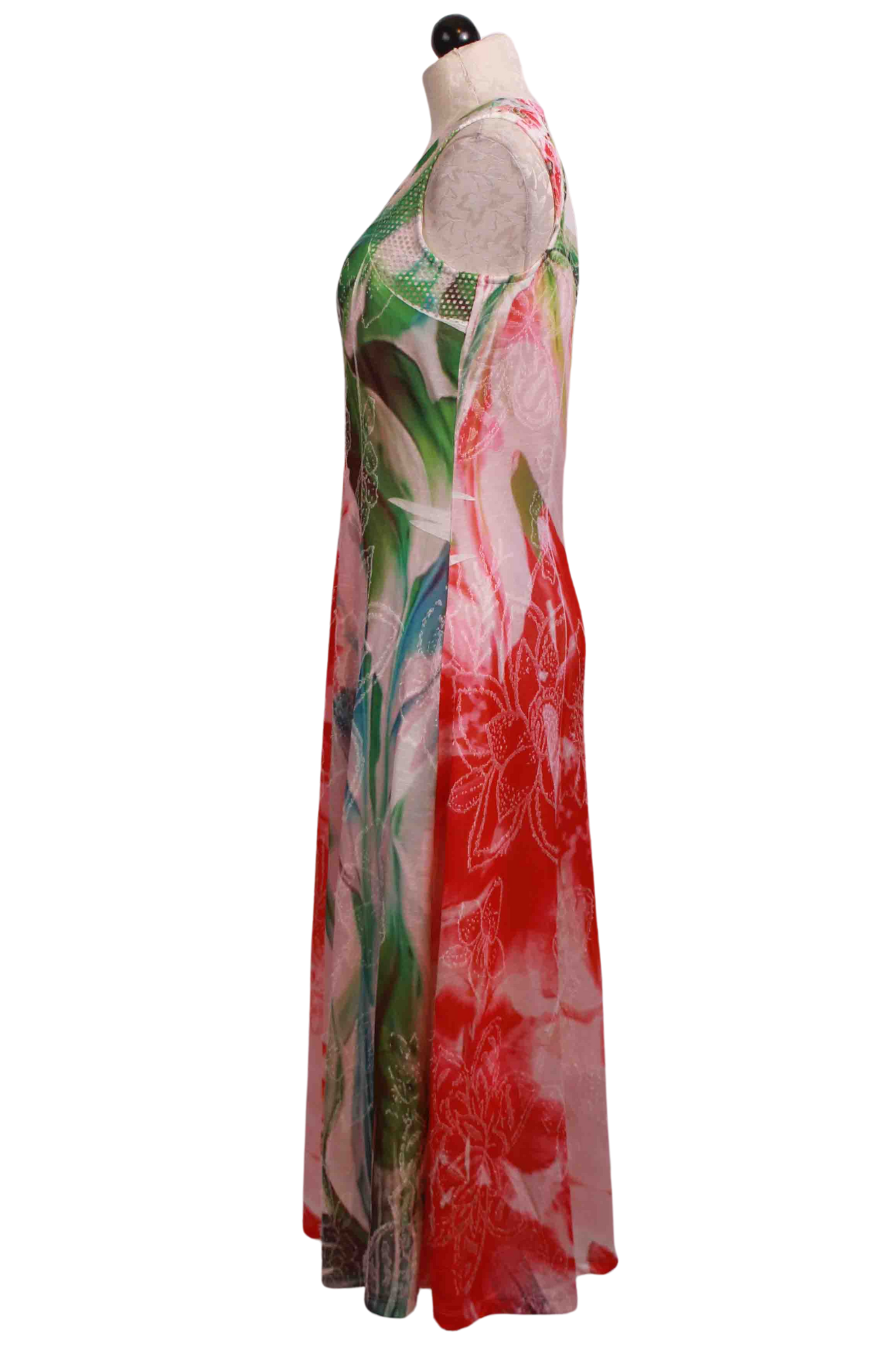 side view of Multicolored Sleeveless Floral Midi Dress by Alison Sheri