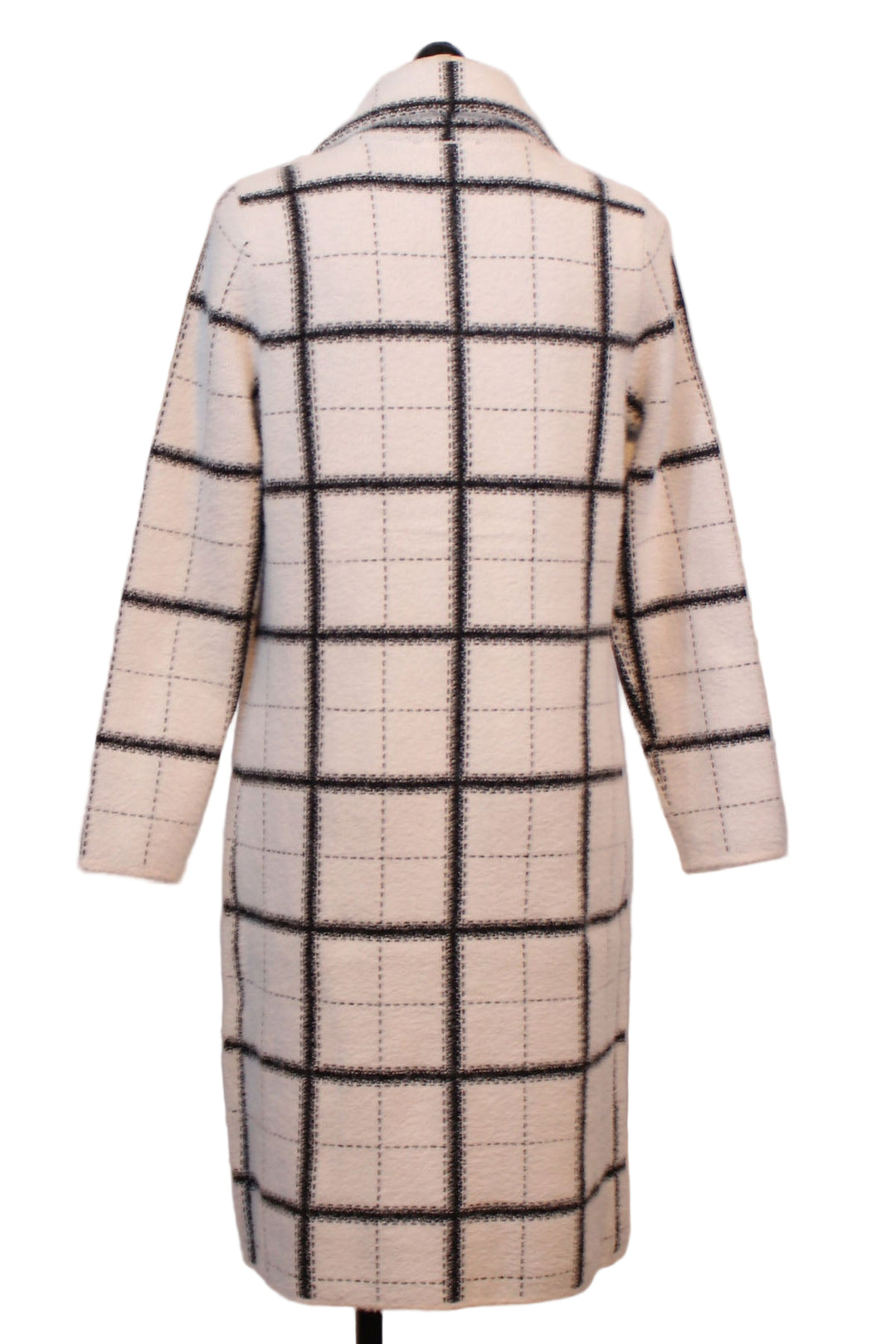 back view of White with Black Plaid Button Front Cardigan Coat by Alison Sheri 
