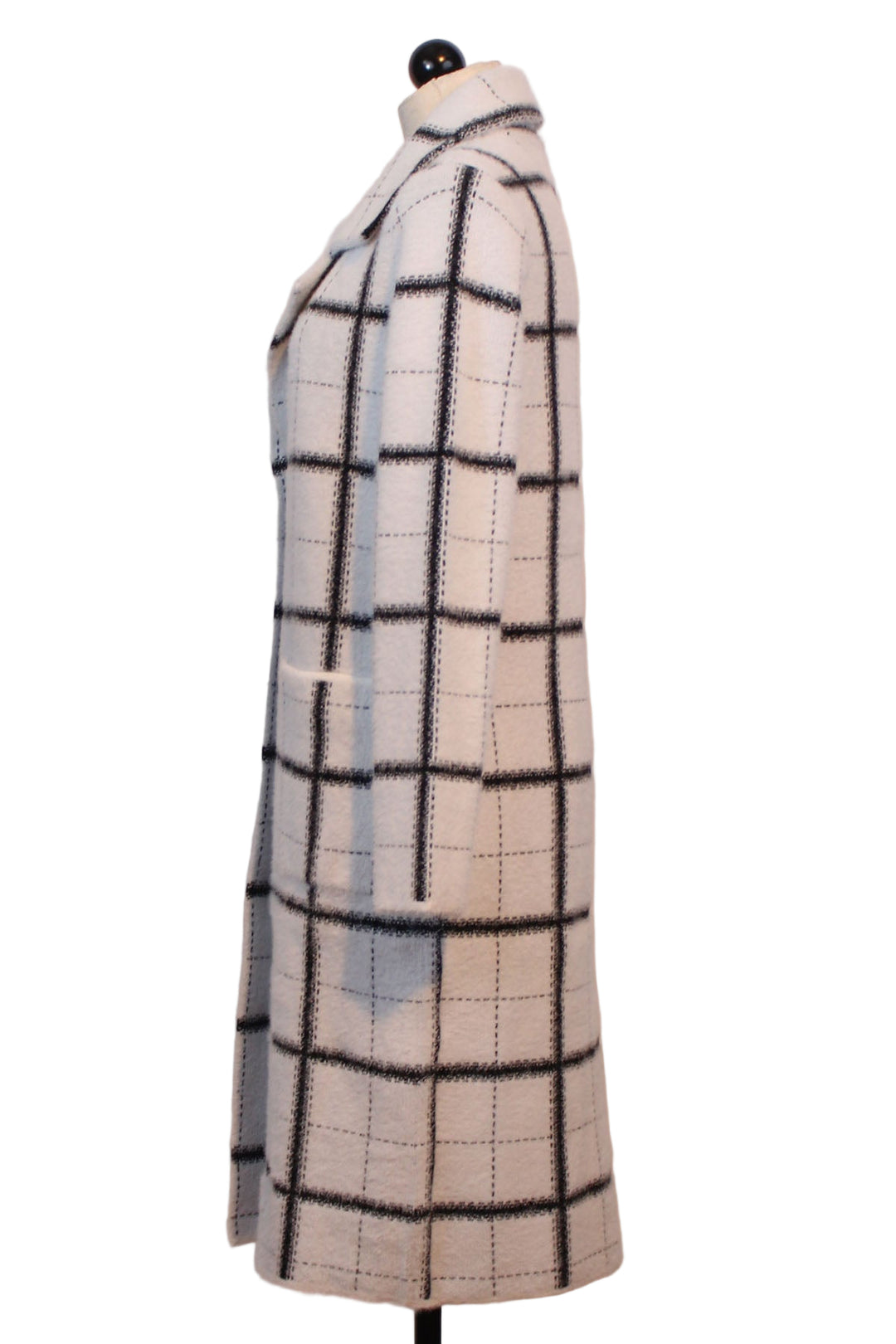side view of White with Black Plaid Button Front Cardigan Coat by Alison Sheri 
