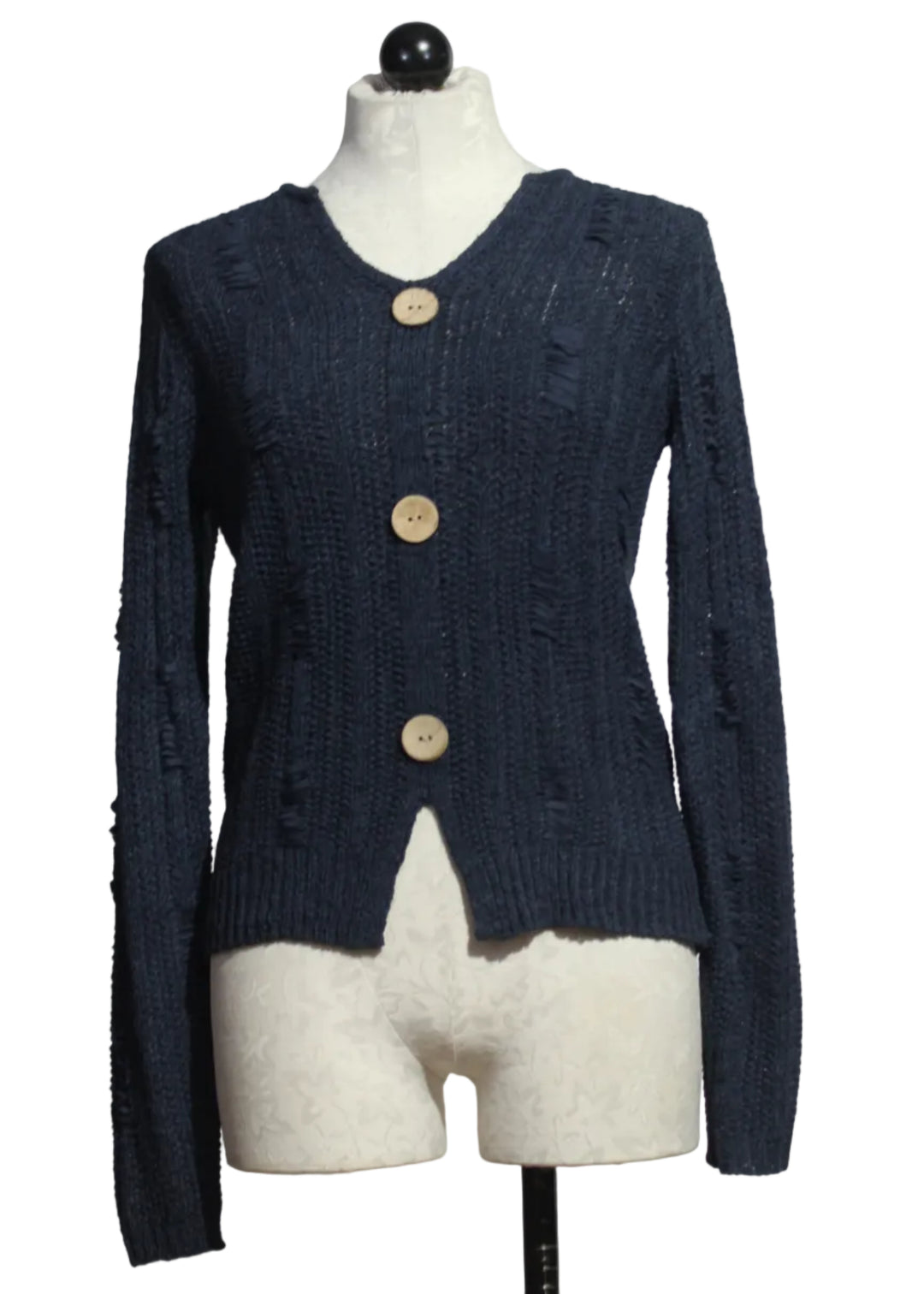 Navy Three-Button V-Neck Sweater by Alison Sheri 