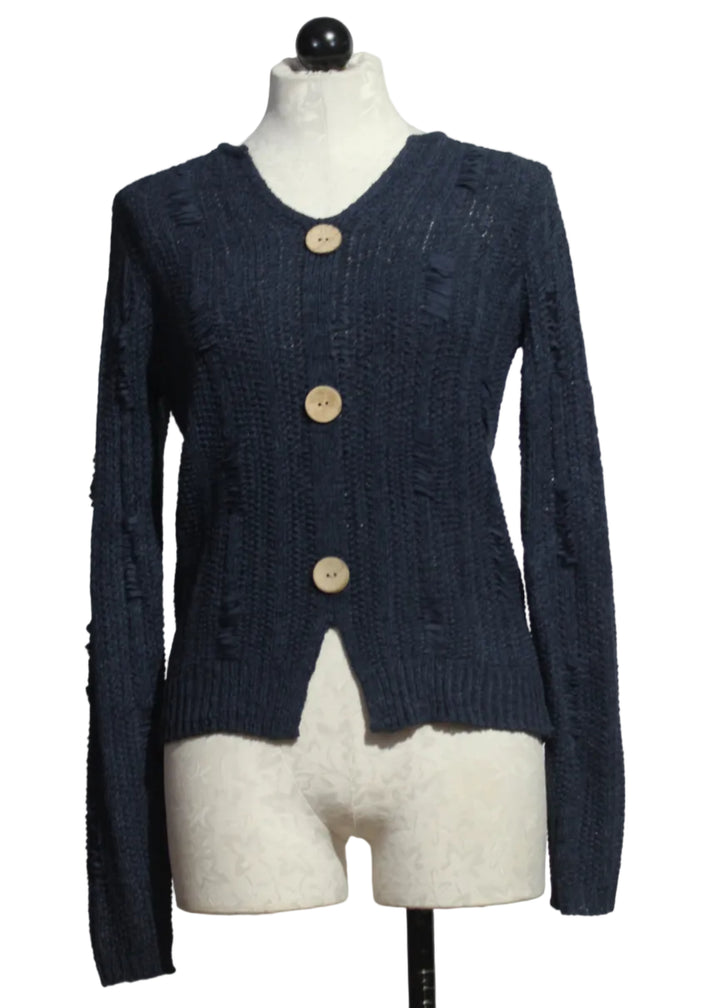 Navy Three-Button V-Neck Sweater by Alison Sheri 