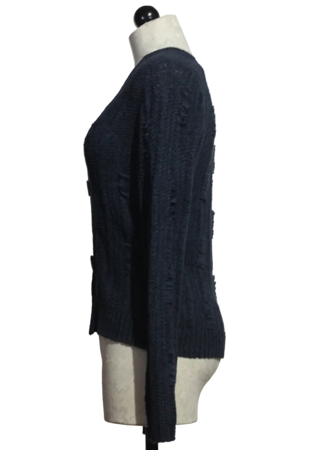 side view of Navy Three-Button V-Neck Sweater by Alison Sheri 