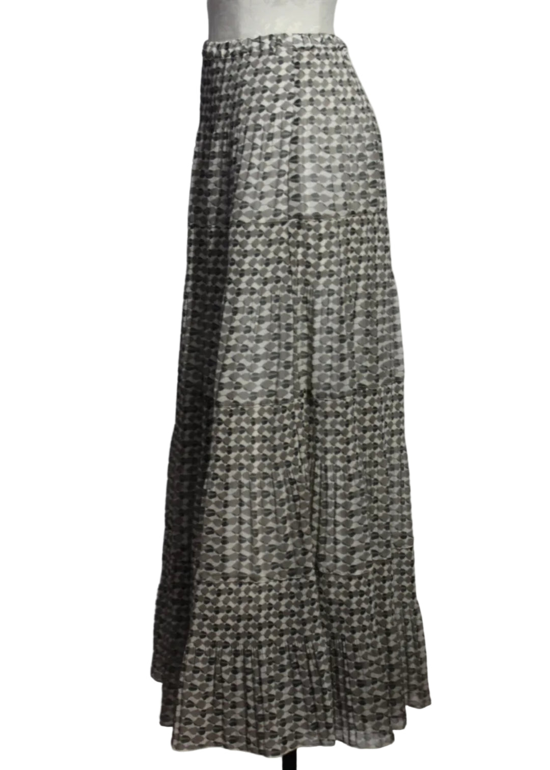 side view of Black and Beige Tiered Maxi Geometric Print Skirt by Alison Sheri