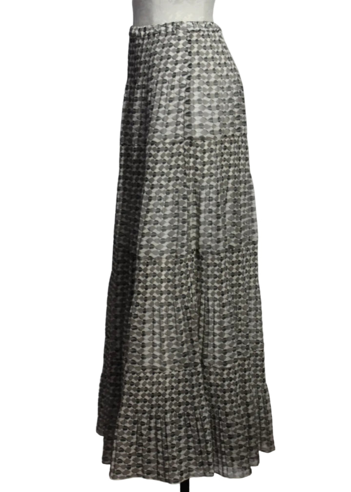 side view of Black and Beige Tiered Maxi Geometric Print Skirt by Alison Sheri