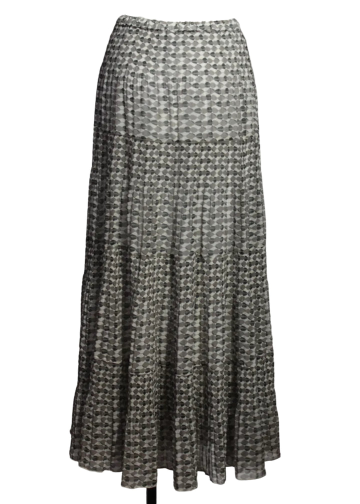 back view of Black and Beige Tiered Maxi Geometric Print Skirt by Alison Sheri