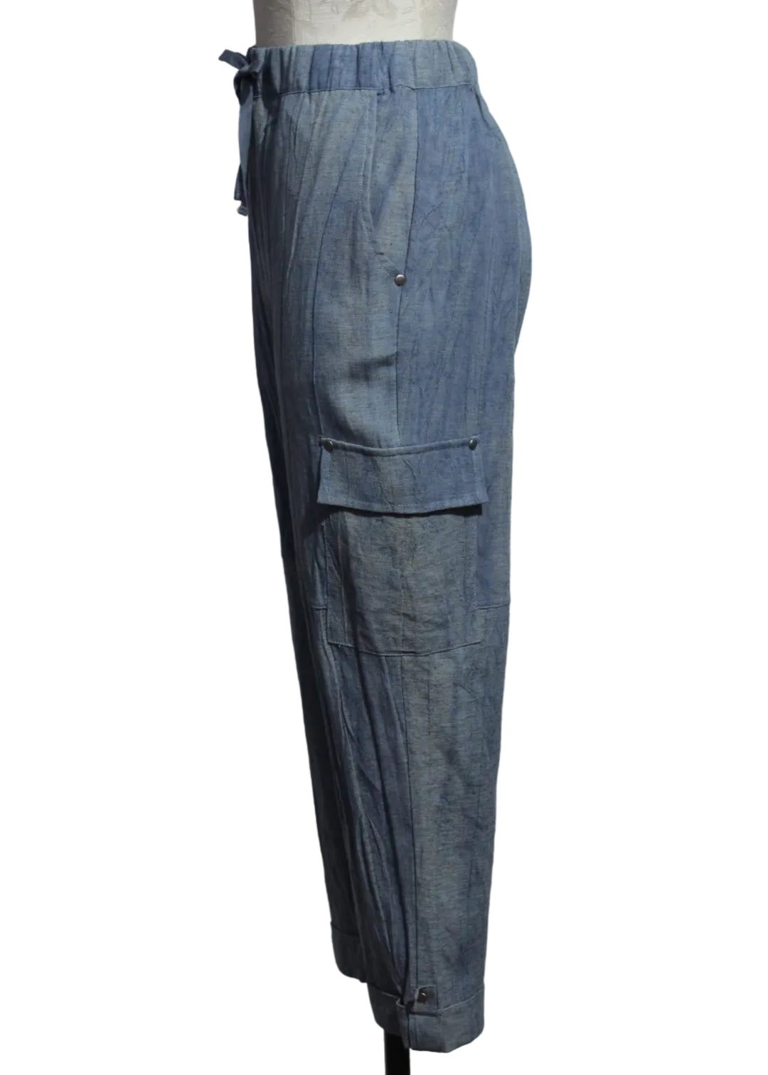 side view of Indigo Ankle Cuff Bottom Denim Wash Pant by Alison Sheri 