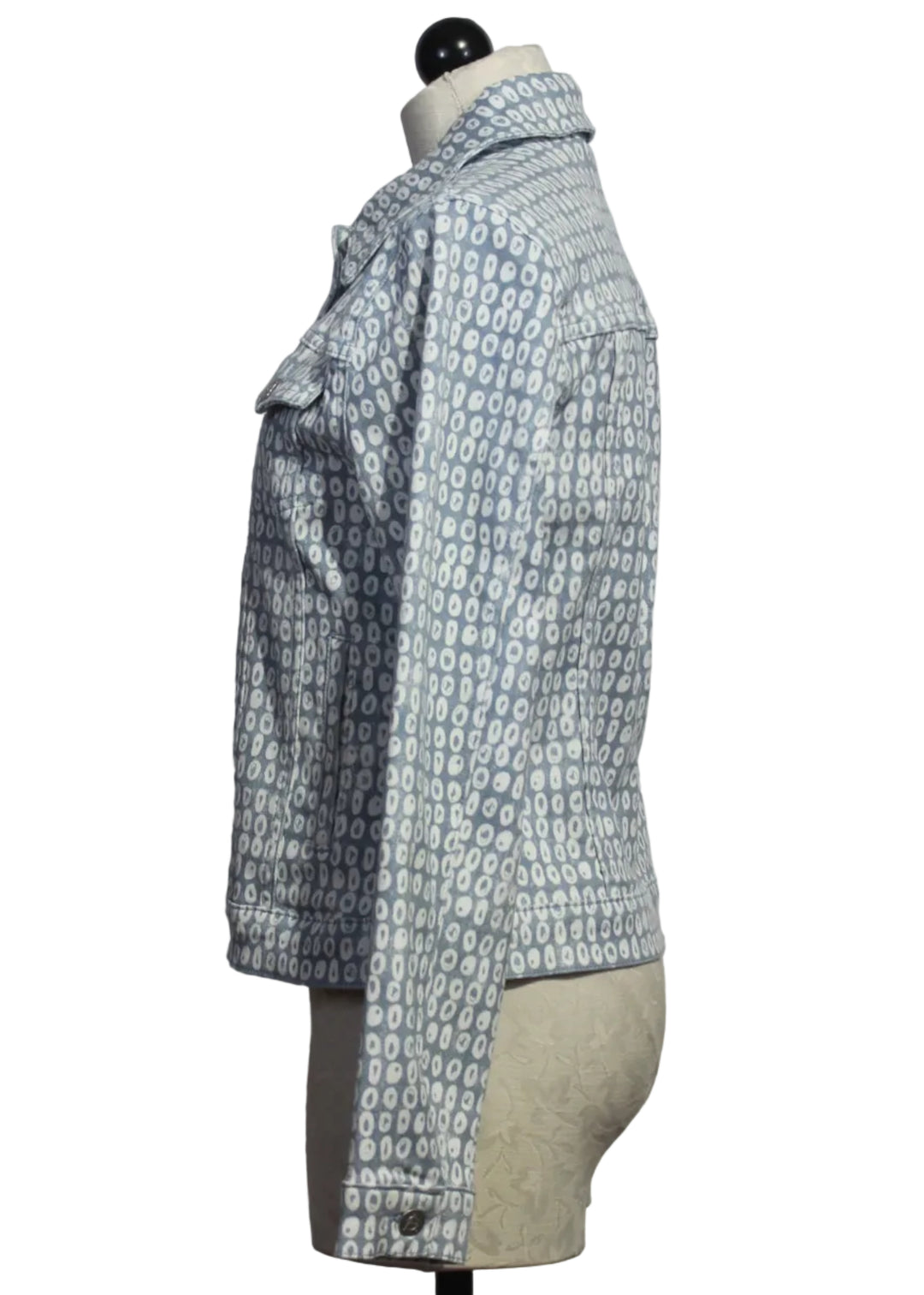 side view of Light Blue with White Circle Print Jean Jacket by Alison Sheri