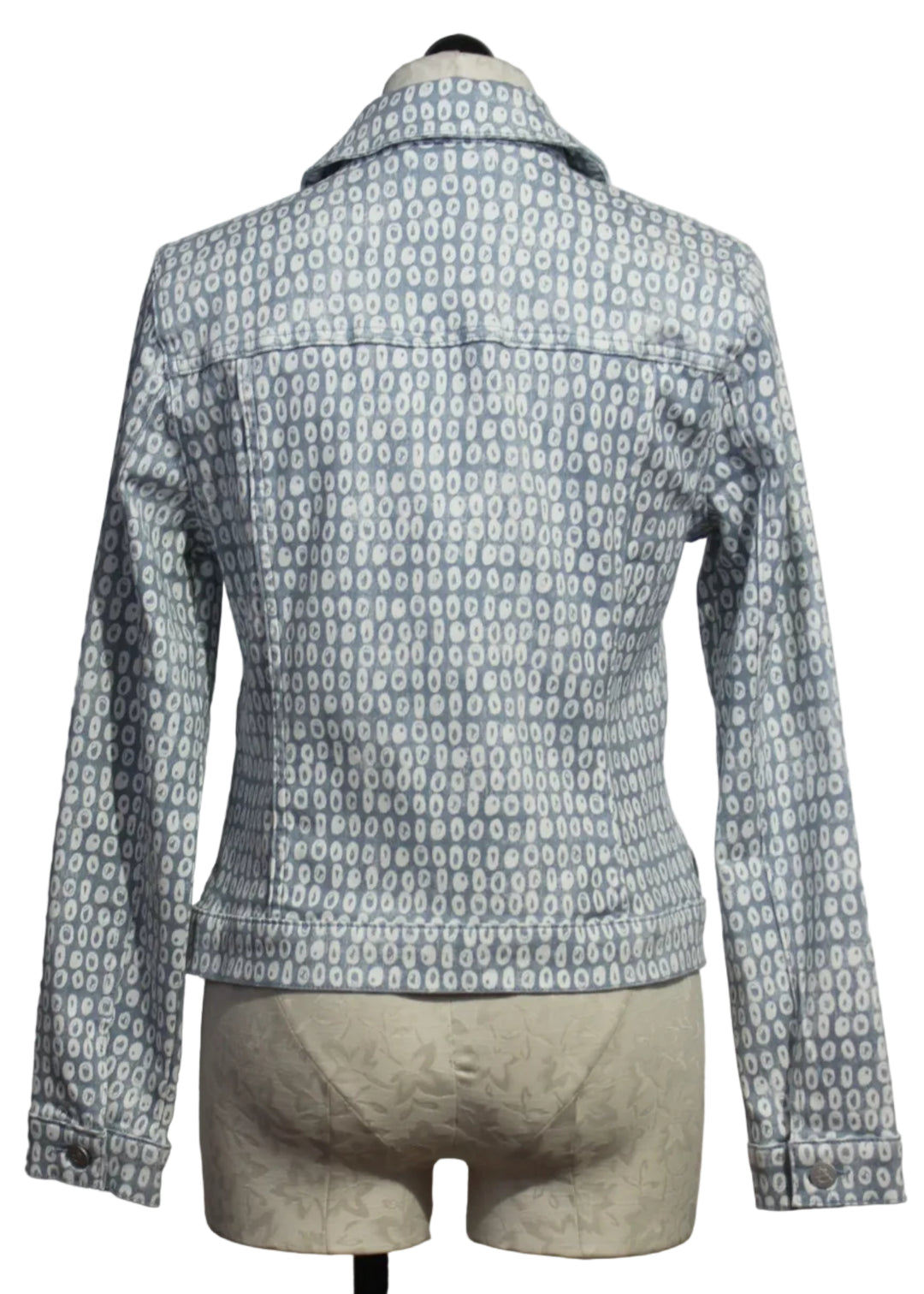 back view of Light Blue with White Circle Print Jean Jacket by Alison Sheri